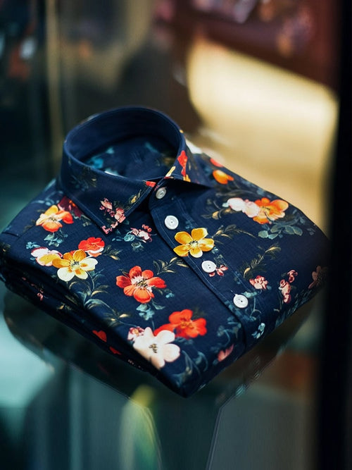 Men's Business Casual Floral Lapel Short Sleeve Shirt