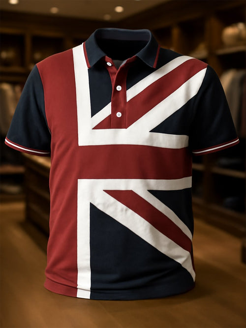 Men's Business Casual Union Jack Button Short Sleeve Polo Shirt
