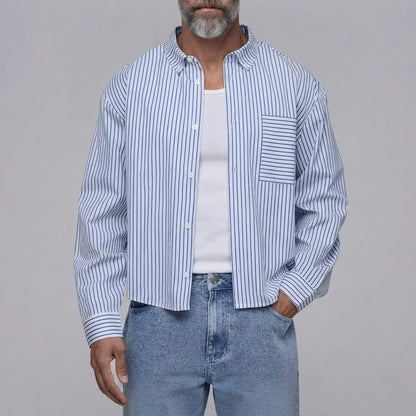 Men's Classic Striped Print Chest Pocket Button Down Long Sleeve Shirt