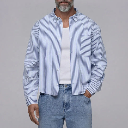 Men's Classic Striped Print Chest Pocket Button Down Long Sleeve Shirt