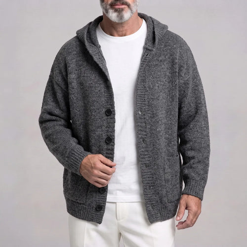 Men's Casual Solid Color Single Breasted Pockets Drop Shoulder Loose Knit Hooded Cardigan