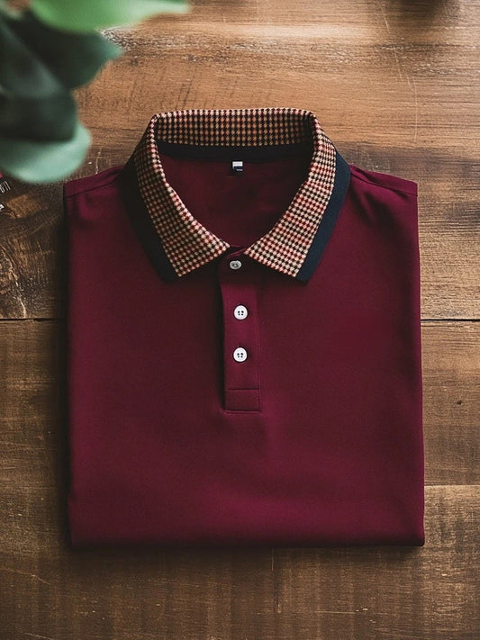 Men's Business Casual Burgundy Logo Button Short Sleeve Polo Shirt