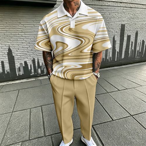 Men's Casual White Printed Polo Shirt And Pants Two-Piece Set