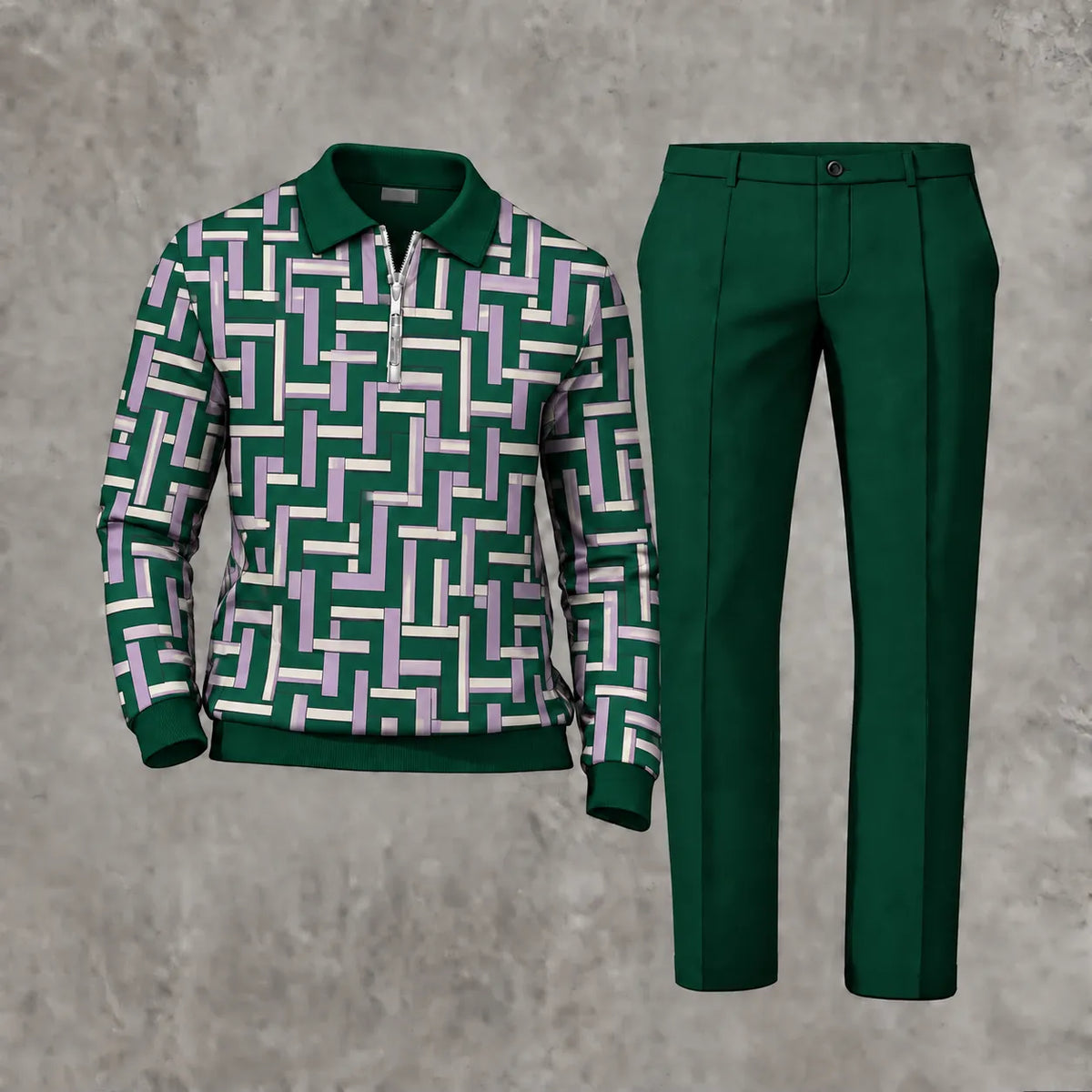 Men's Printed Zipper Polo Shirt and Pants Set