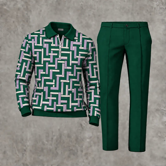Men's Printed Zipper Polo Shirt and Pants Set