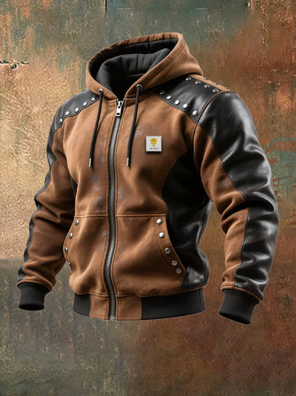 Men's Vintage Suede and Leather Hooded Insulated Jacket with Rivets