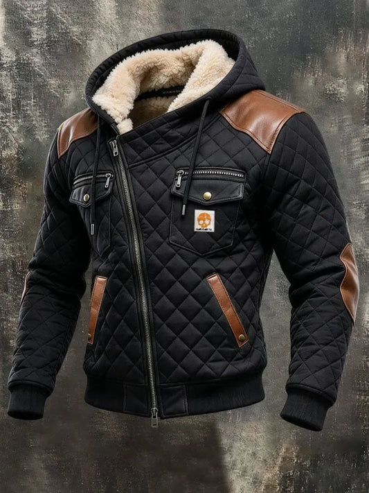 Men's Retro Textured Diamond-Pattern Paneled Leather Hooded Jacket