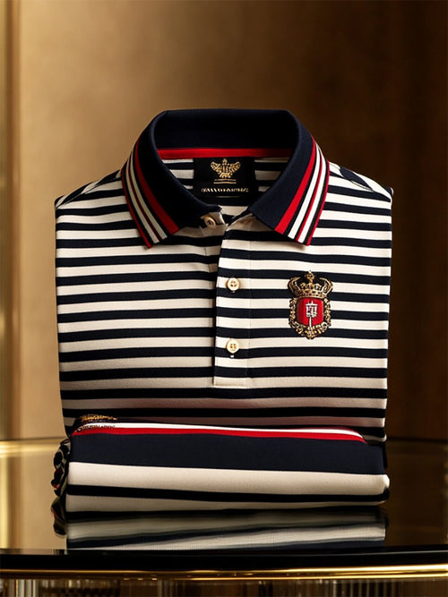 Men's Business Casual Striped Logo Button Short Sleeve Polo Shirt