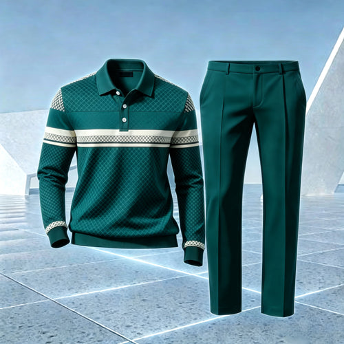 Men's Checkered Patchwork Polo Shirt and Pants Set