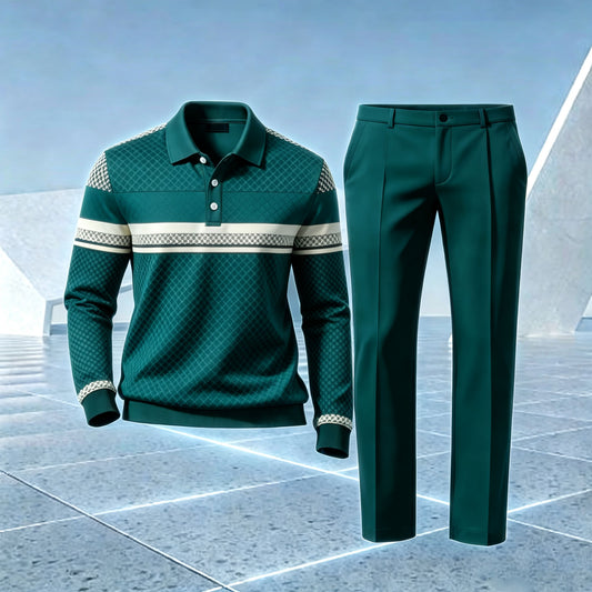 Men's Checkered Patchwork Polo Shirt and Pants Set