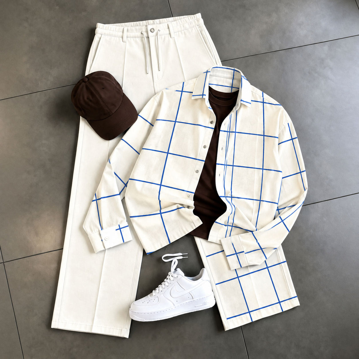 Men's Checkered Print Shirt and Pants Set