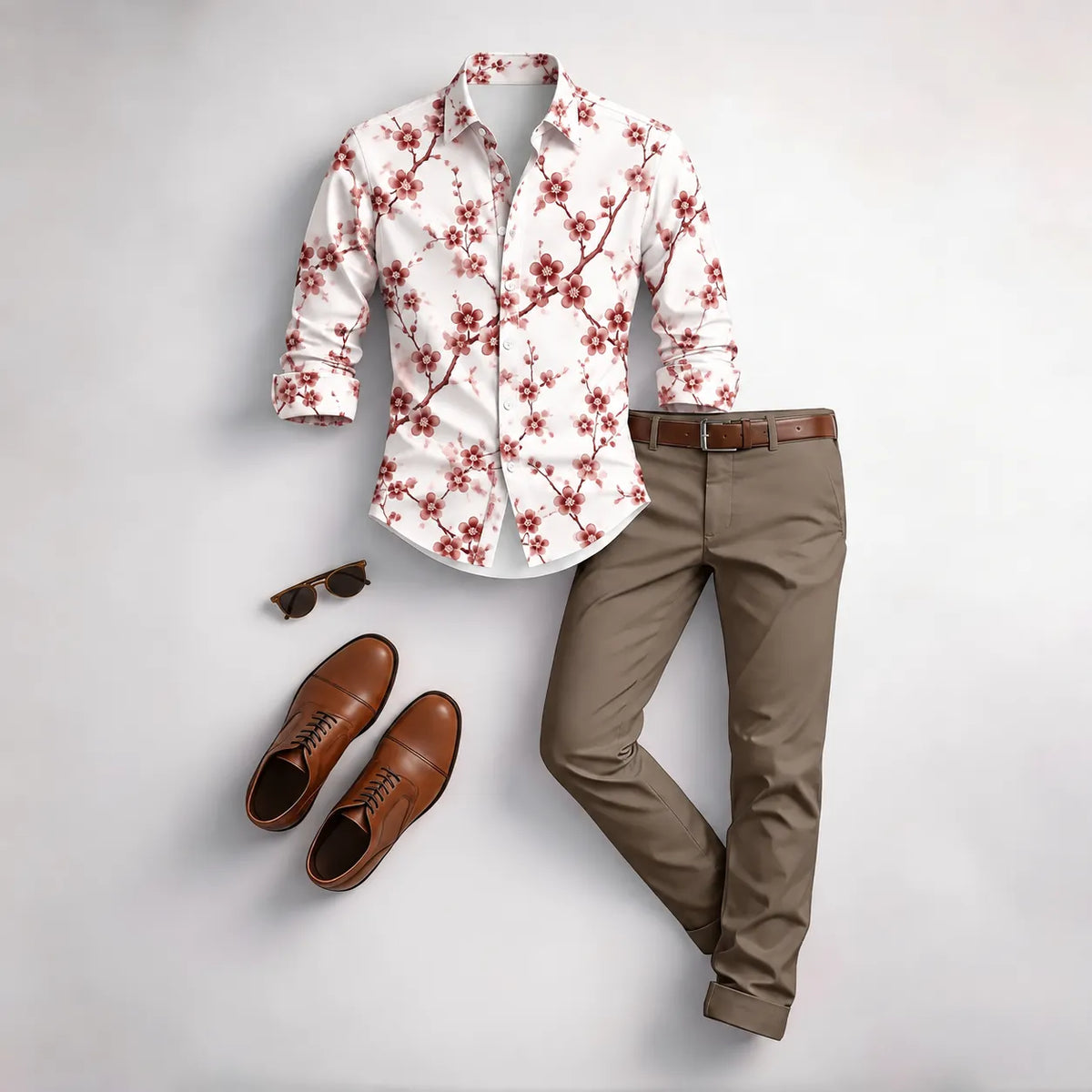 Men's Vintage Floral Print Long-Sleeve Shirt and Pants Set