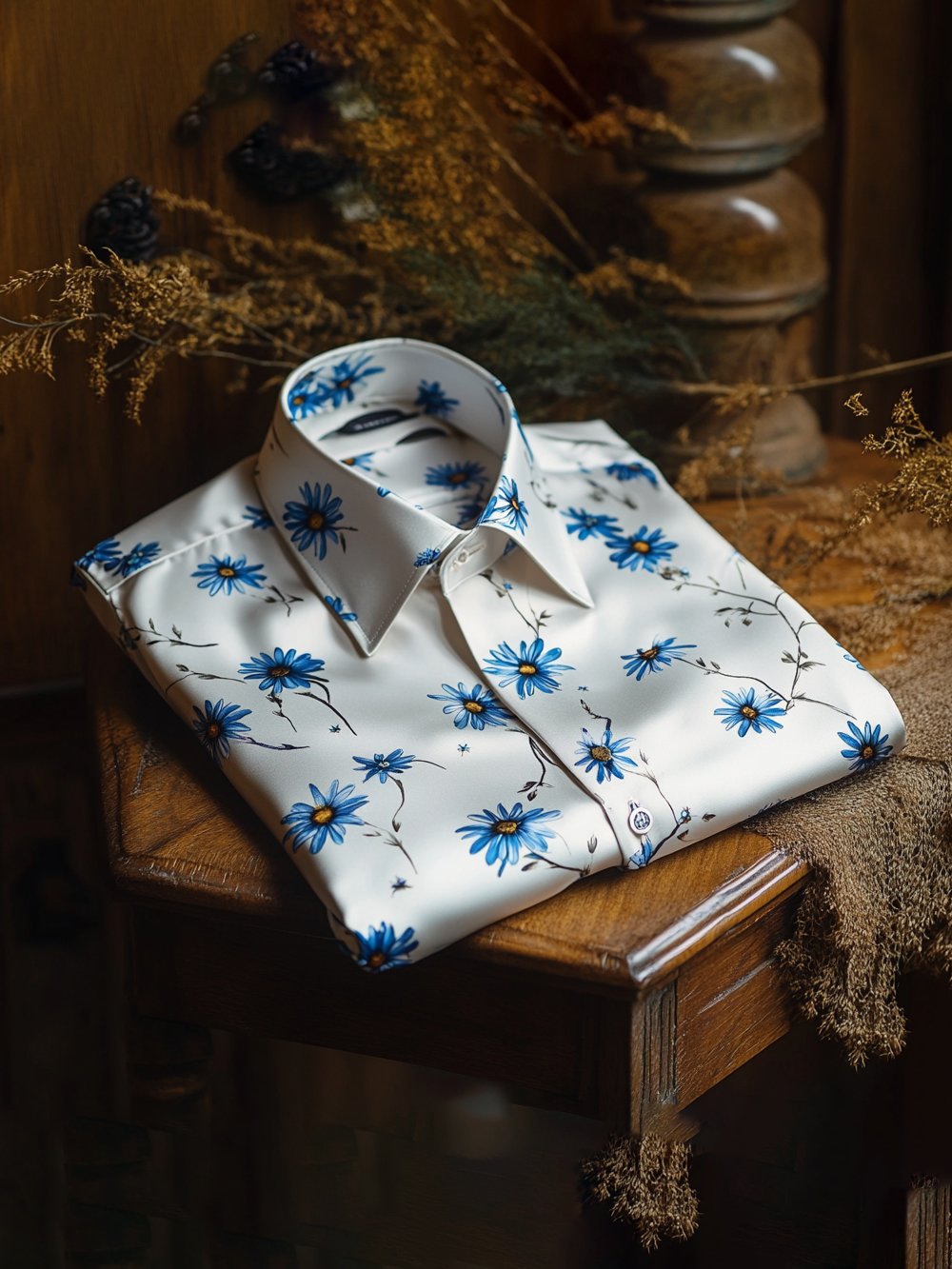 Men's Business Casual Blue Floral Lapel Short Sleeve Shirt
