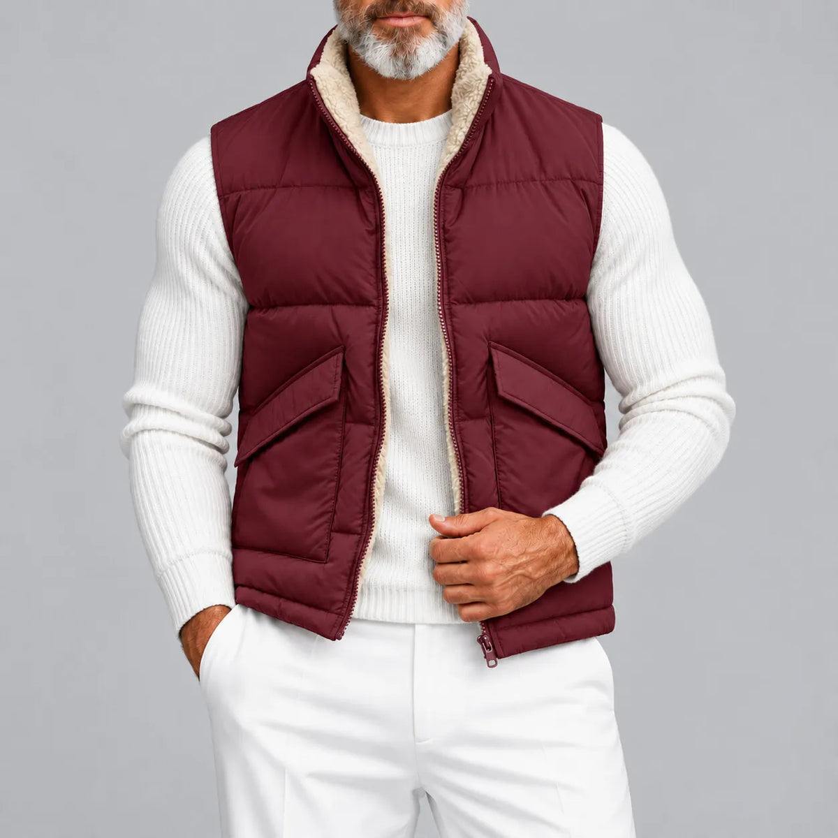 Men's Solid Color Stand Collar Zipper Sherpa Fleece Lined Reversible Puffer Vest
