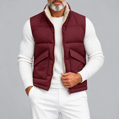 Men's Solid Color Stand Collar Zipper Sherpa Fleece Lined Reversible Puffer Vest