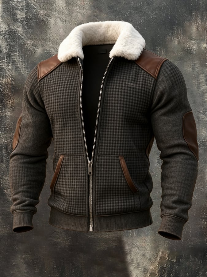 Men's Vintage Warm Suede Stitching Fur Lapel Western Jacket