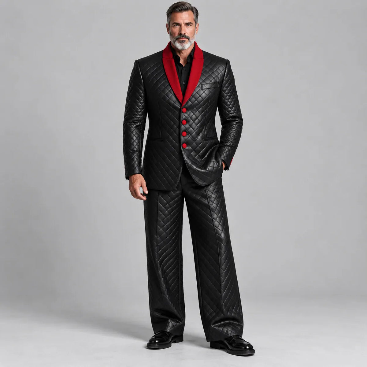Men's Black PU Leather Contrast Shawl Lapel Single Breasted Slim Fit Quilted Jacket