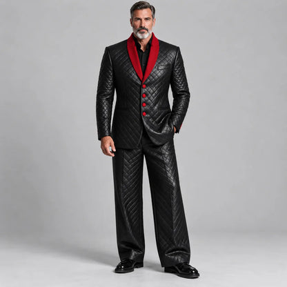 Men's Black PU Leather Contrast Shawl Lapel Single Breasted Slim Fit Quilted Jacket