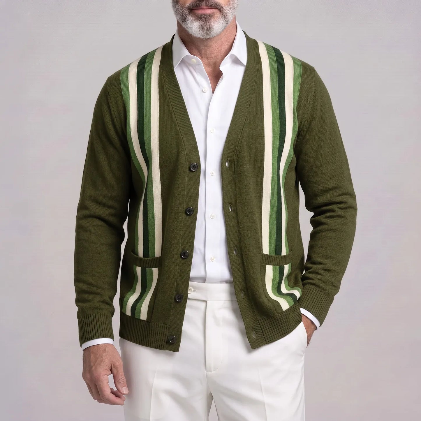 Men's Classic Contrast Striped V Neck Single Breasted Patch Pockets Knitted Cardigan