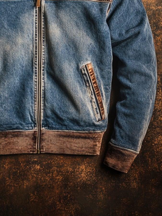 Men's Retro Stitching Contrast Color Zipper Fur Collar Jacket