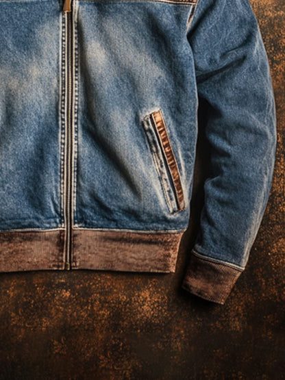 Men's Retro Stitching Contrast Color Zipper Fur Collar Jacket