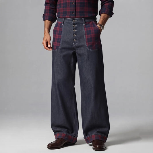 Men's Dark Blue Plaid Print Patchwork Button-Fly Wide Leg Denim-Like Pants