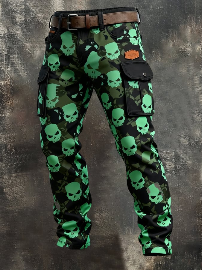 Men's Vintage Skull Camouflage Distressed Pocket Work Pants