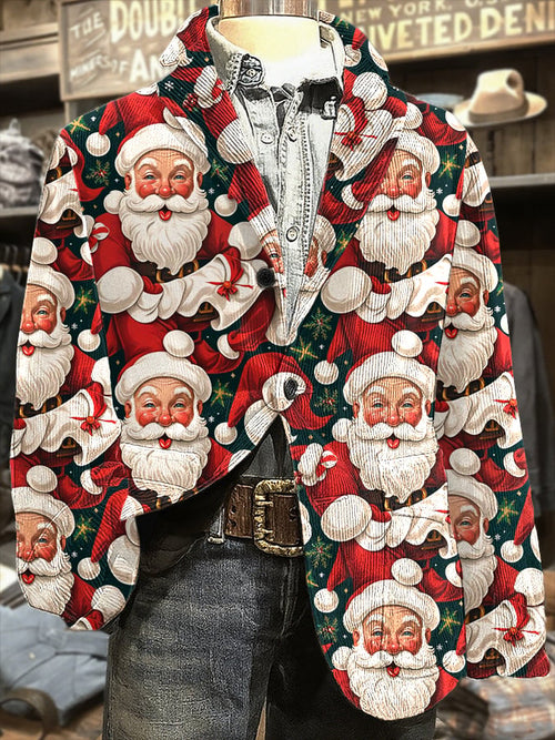 Men's Retro Christmas Santa Claus Print Casual Blazer