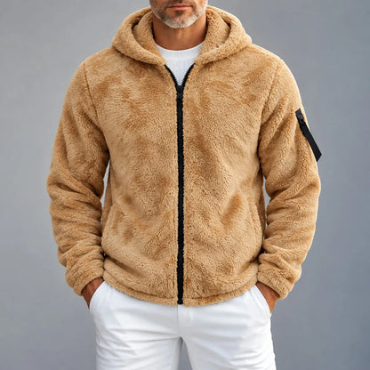 Men's Casual Solid Color Pockets Fluffy Hooded Zip-Up Jacket