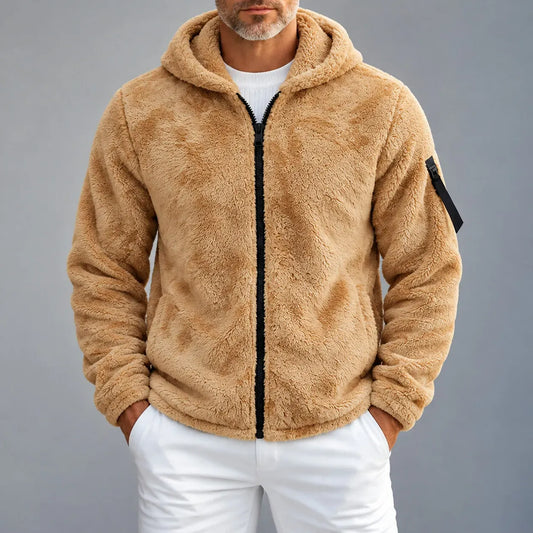 Men's Casual Solid Color Pockets Fluffy Hooded Zip-Up Jacket