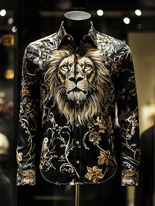 Men's Satin Luxe Lion Long Sleeve Button Down Shirt