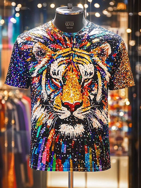 Men's Tiger Sequin Business Print Short Sleeve T-Shirt