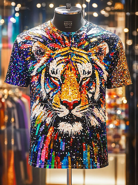 Men's Tiger Sequin Business Print Short Sleeve T-Shirt