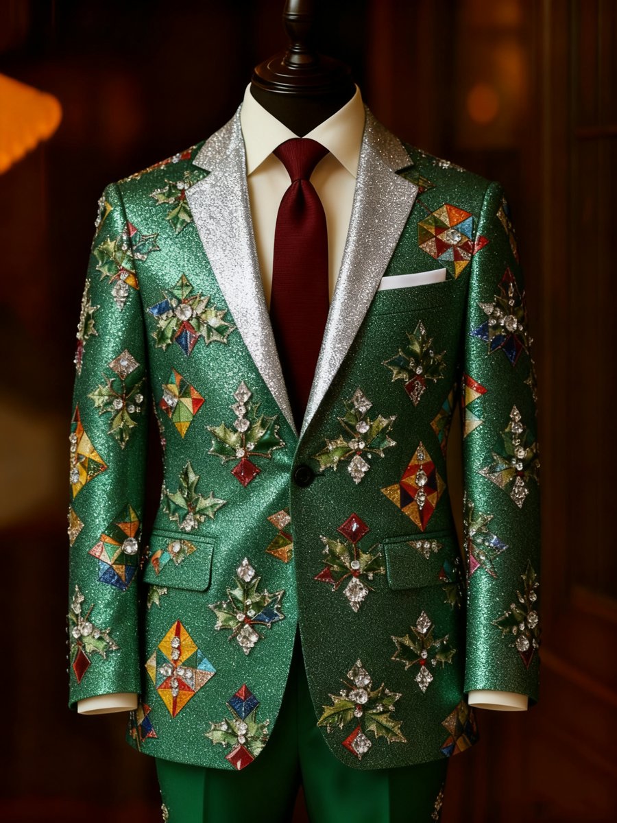 Men's Luxury Christmas Evergreen Lapel Suit Jacket