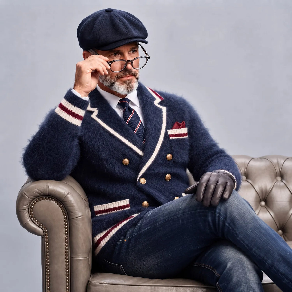 Men's Navy Blue Notch Lapel Double Breasted Contrast Stripes Knit Fuzzy Texture Blazer