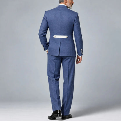 Men's Blue Classic Plaid Print Mandarin Collar Blazer & Pants Formal 2Pcs Suit