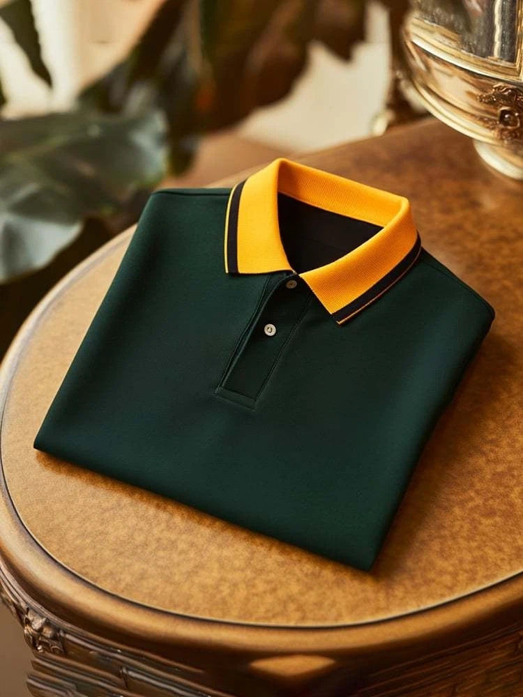 Men's Classic Business Check Logo Button Short Sleeve Polo Shirt