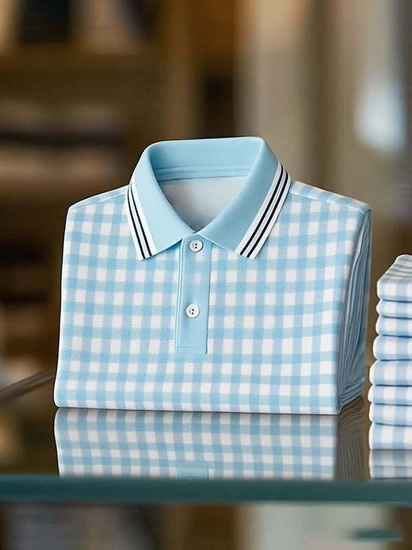Men's Business Classic Blue and White Check Logo Short Sleeve Polo Shirt