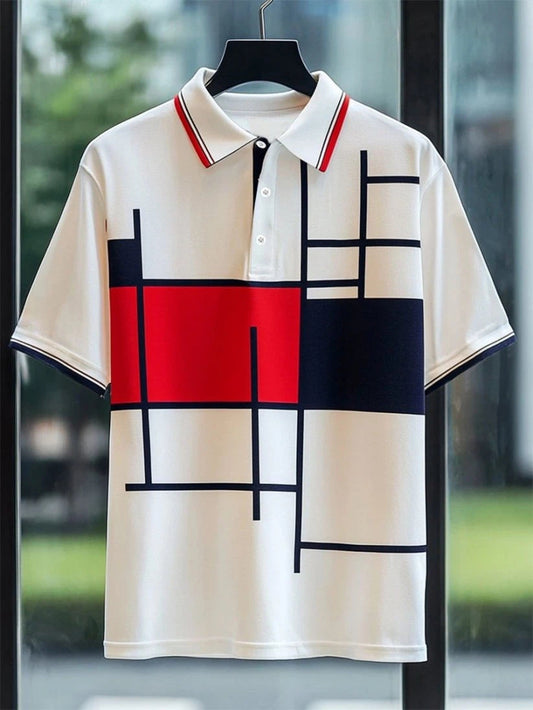 Men's Business Casual Mondrian Art Button Short Sleeve Polo Shirt