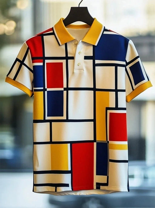 Men's Business Casual Mondrian Art Button Short Sleeve Polo Shirt