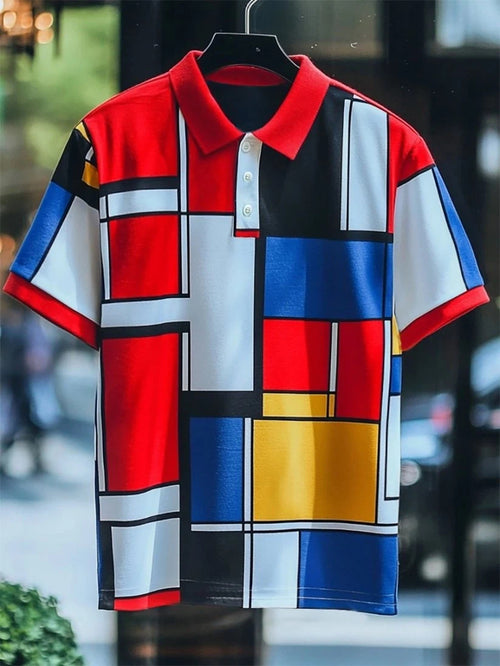 Men's Business Casual Mondrian Art Button Short Sleeve Polo Shirt