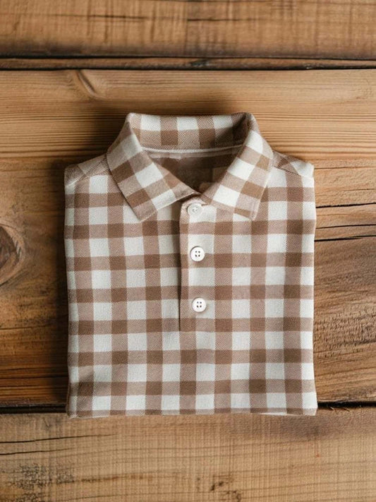 Men's Business Casual Khaki Plaid Button Short Sleeve Polo Shirt