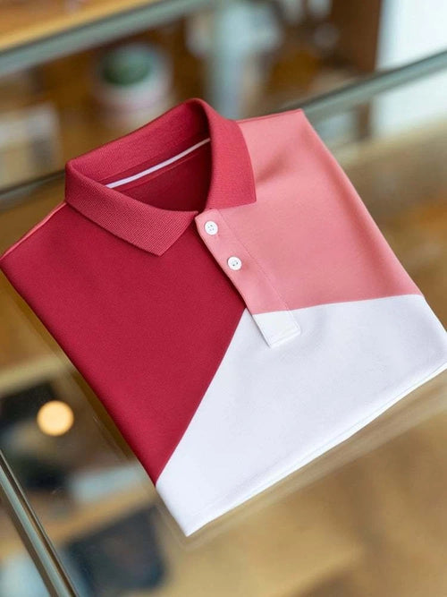 Men's Business Casual Red and Pink Block Button Short Sleeve Polo Shirt