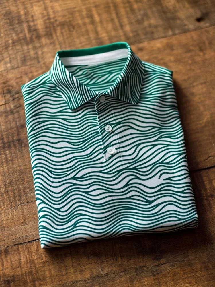 Men's Business Casual Green Wave Design Button Short Sleeve Polo Shirt