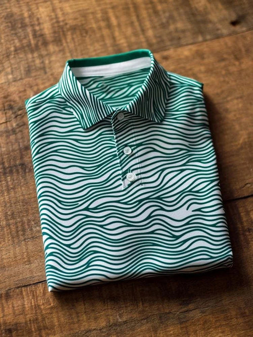Men's Business Casual Green Wave Design Button Short Sleeve Polo Shirt