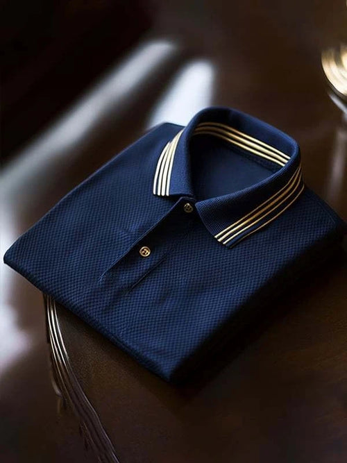 Men's Classic Blue Business Logo Button Short Sleeve Polo Shirt