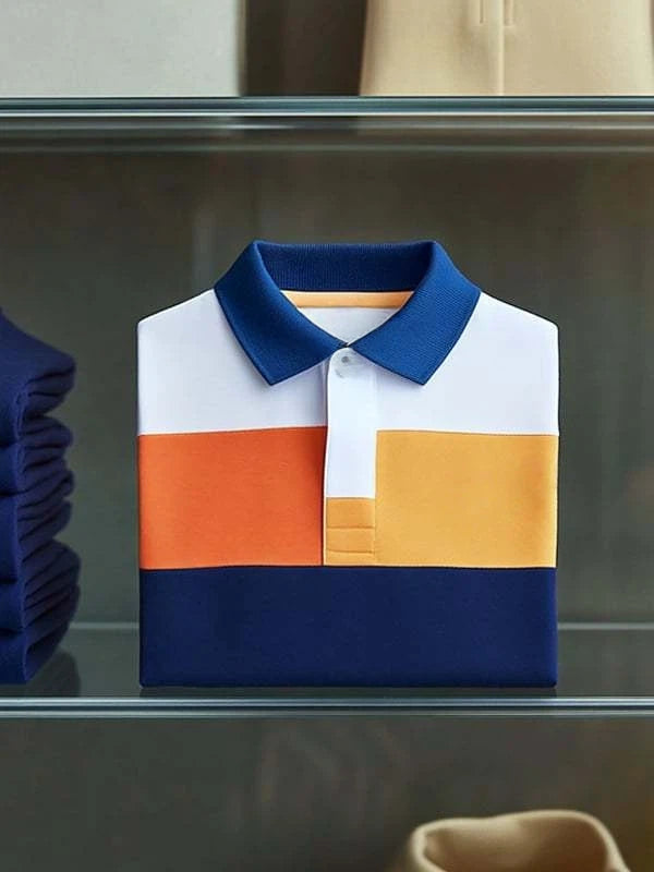 Men's Classic Contrast Business Logo Button Short Sleeve Polo Shirt