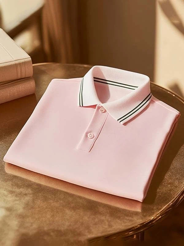 Men's Classic Business Pink Logo Button Short Sleeve Polo Shirt