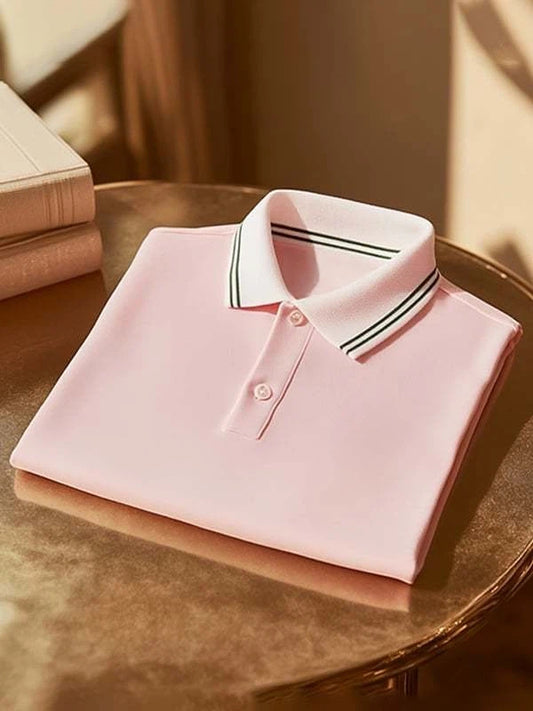 Men's Classic Business Pink Logo Button Short Sleeve Polo Shirt