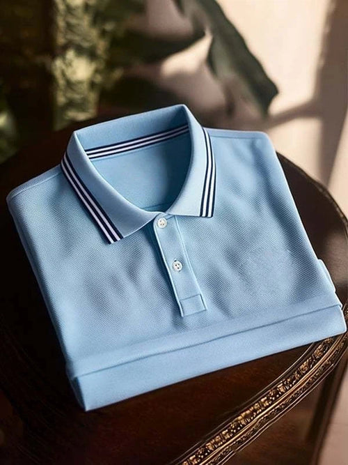 Men's Classic Blue Business Logo Button Short Sleeve Polo Shirt